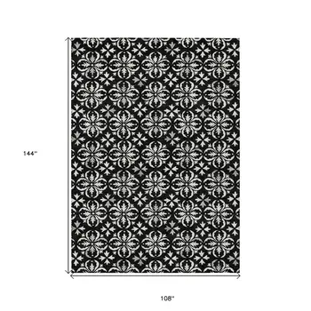 9' X 12' Black And Ivory Floral Washable Indoor Outdoor Area Rug