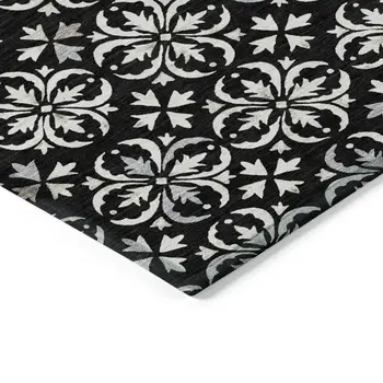 9' X 12' Black And Ivory Floral Washable Indoor Outdoor Area Rug