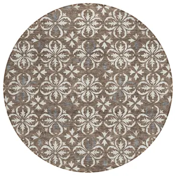 8' Brown Gray And Beige Round Floral Washable Indoor Outdoor Area Rug