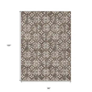 8' X 10' Brown Gray And Beige Floral Washable Indoor Outdoor Area Rug