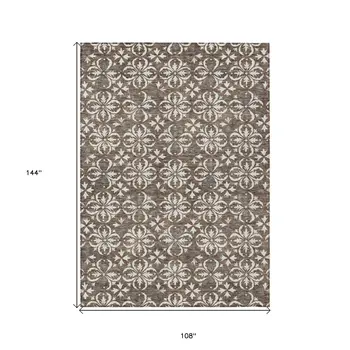 9' X 12' Brown Gray And Beige Floral Washable Indoor Outdoor Area Rug