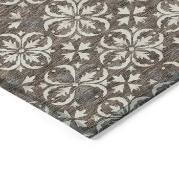9' X 12' Brown Gray And Beige Floral Washable Indoor Outdoor Area Rug