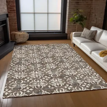 9' X 12' Brown Gray And Beige Floral Washable Indoor Outdoor Area Rug