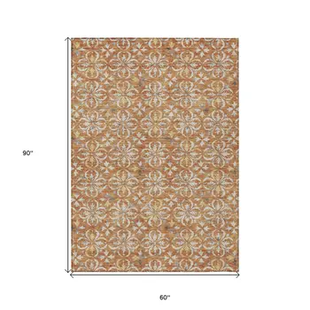 5' X 8' Copper Gray And Beige Floral Washable Indoor Outdoor Area Rug