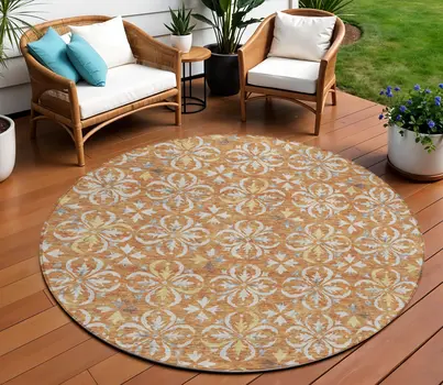 8' Copper Gray And Beige Round Floral Washable Indoor Outdoor Area Rug