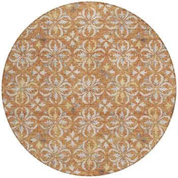 8' Copper Gray And Beige Round Floral Washable Indoor Outdoor Area Rug