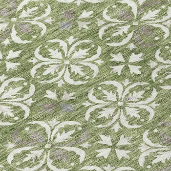 8' Green Gray And Ivory Round Floral Washable Indoor Outdoor Area Rug