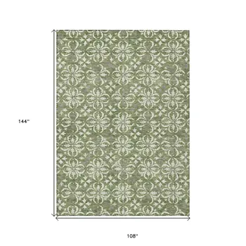 9' X 12' Green Gray And Ivory Floral Washable Indoor Outdoor Area Rug