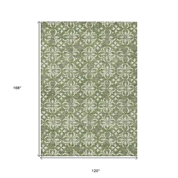 10' X 14' Green Gray And Ivory Floral Washable Indoor Outdoor Area Rug