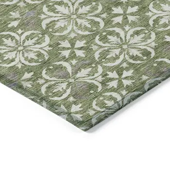 10' X 14' Green Gray And Ivory Floral Washable Indoor Outdoor Area Rug