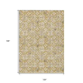10' X 14' Gold Gray And Beige Floral Washable Indoor Outdoor Area Rug