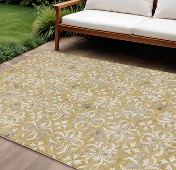 10' X 14' Gold Gray And Beige Floral Washable Indoor Outdoor Area Rug