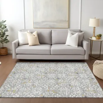 3' X 5' Gray Ivory And Brown Floral Washable Indoor Outdoor Area Rug