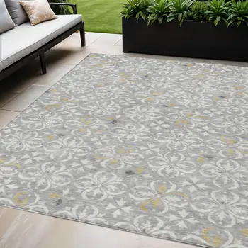 5' X 8' Gray Ivory And Brown Floral Washable Indoor Outdoor Area Rug
