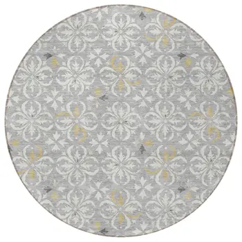 8' Gray Ivory And Brown Round Floral Washable Indoor Outdoor Area Rug