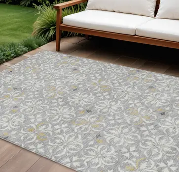 8' X 10' Gray Ivory And Brown Floral Washable Indoor Outdoor Area Rug