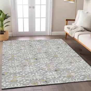 8' X 10' Gray Ivory And Brown Floral Washable Indoor Outdoor Area Rug