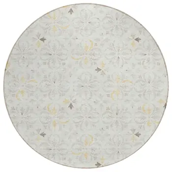 8' Ivory Gray And Gold Round Floral Washable Indoor Outdoor Area Rug