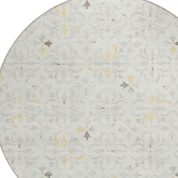 8' Ivory Gray And Gold Round Floral Washable Indoor Outdoor Area Rug