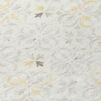 8' Ivory Gray And Gold Round Floral Washable Indoor Outdoor Area Rug