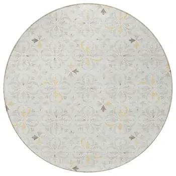 8' Ivory Gray And Gold Round Floral Washable Indoor Outdoor Area Rug