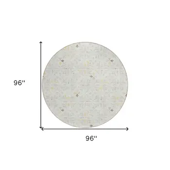 8' Ivory Gray And Gold Round Floral Washable Indoor Outdoor Area Rug