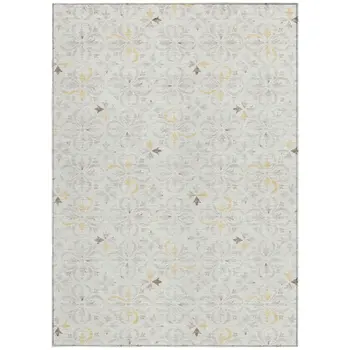 9' X 12' Ivory Gray And Gold Floral Washable Indoor Outdoor Area Rug