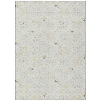 9' X 12' Ivory Gray And Gold Floral Washable Indoor Outdoor Area Rug