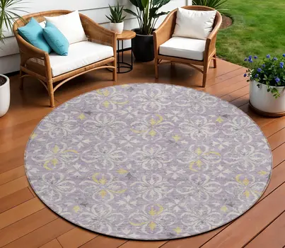 8' Lavender Gold And Gray Round Floral Washable Indoor Outdoor Area Rug