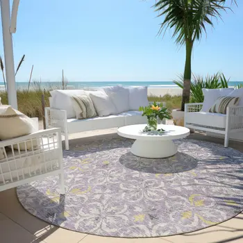 8' Lavender Gold And Gray Round Floral Washable Indoor Outdoor Area Rug