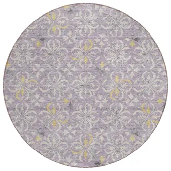 8' Lavender Gold And Gray Round Floral Washable Indoor Outdoor Area Rug