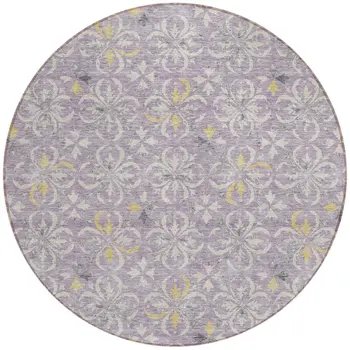 8' Lavender Gold And Gray Round Floral Washable Indoor Outdoor Area Rug