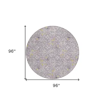8' Lavender Gold And Gray Round Floral Washable Indoor Outdoor Area Rug