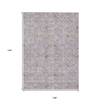 9' X 12' Lavender Gold And Gray Floral Washable Indoor Outdoor Area Rug