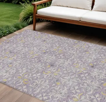 9' X 12' Lavender Gold And Gray Floral Washable Indoor Outdoor Area Rug