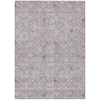 9' X 12' Lavender Gold And Gray Floral Washable Indoor Outdoor Area Rug