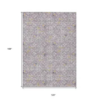 10' X 14' Lavender Gold And Gray Floral Washable Indoor Outdoor Area Rug