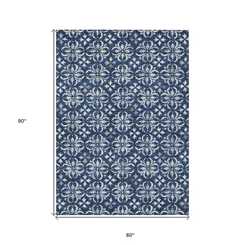 5' X 8' Navy Blue And Ivory Floral Washable Indoor Outdoor Area Rug