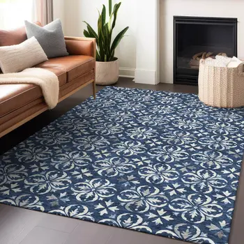 5' X 8' Navy Blue And Ivory Floral Washable Indoor Outdoor Area Rug