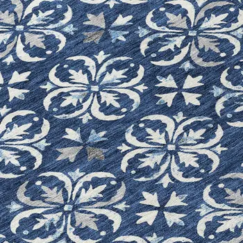 8' Navy Blue And Ivory Round Floral Washable Indoor Outdoor Area Rug