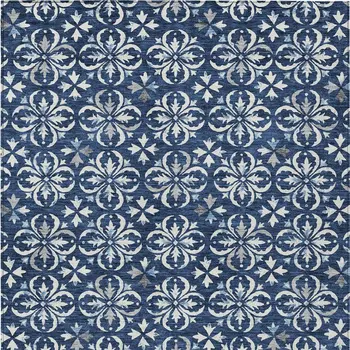 9' X 12' Navy Blue And Ivory Floral Washable Indoor Outdoor Area Rug