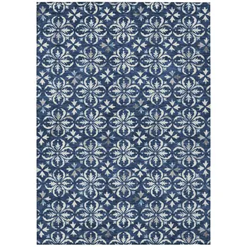 9' X 12' Navy Blue And Ivory Floral Washable Indoor Outdoor Area Rug