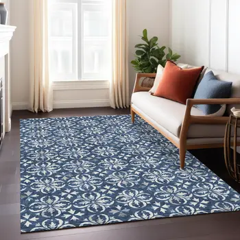 9' X 12' Navy Blue And Ivory Floral Washable Indoor Outdoor Area Rug