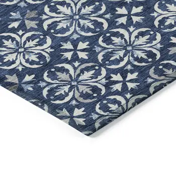 10' X 14' Navy Blue And Ivory Floral Washable Indoor Outdoor Area Rug