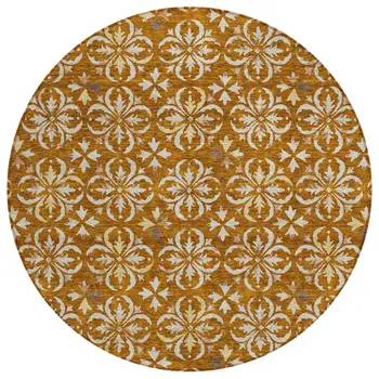 8' Copper And Beige Round Floral Washable Indoor Outdoor Area Rug