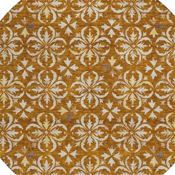 8' Copper And Beige Round Floral Washable Indoor Outdoor Area Rug