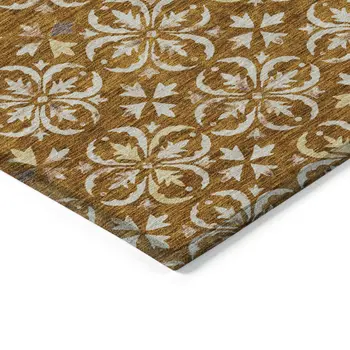8' X 10' Copper And Beige Floral Washable Indoor Outdoor Area Rug