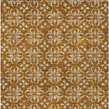 9' X 12' Copper And Beige Floral Washable Indoor Outdoor Area Rug