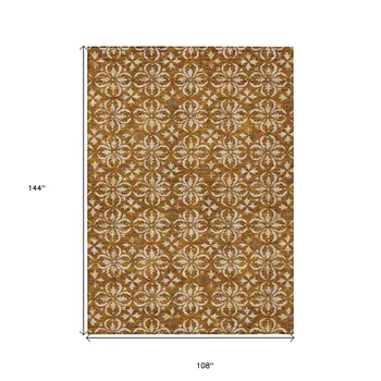 9' X 12' Copper And Beige Floral Washable Indoor Outdoor Area Rug