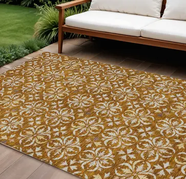 9' X 12' Copper And Beige Floral Washable Indoor Outdoor Area Rug